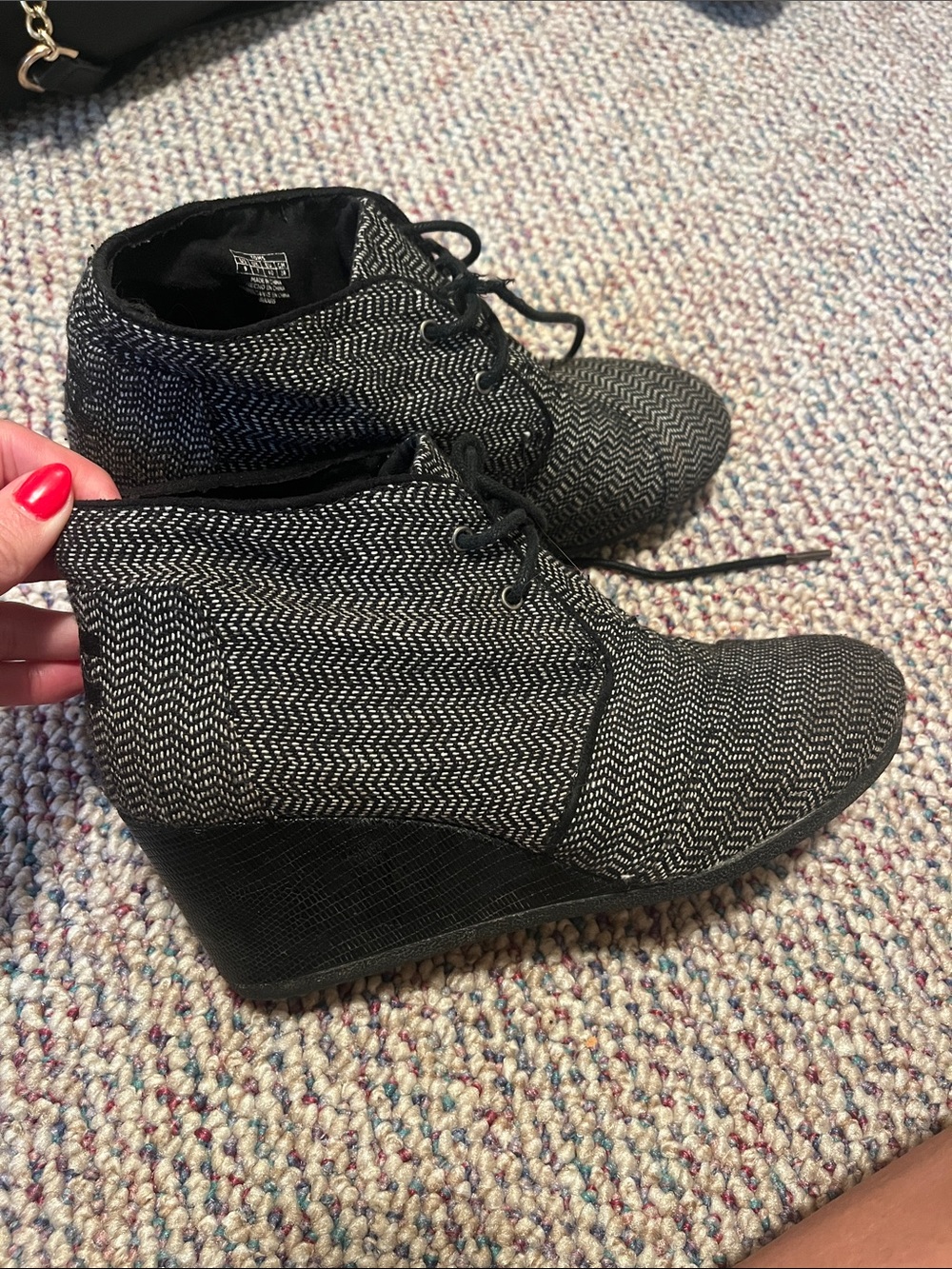 Women's TOMS Black & White Patterned Wedge Ankle Boots